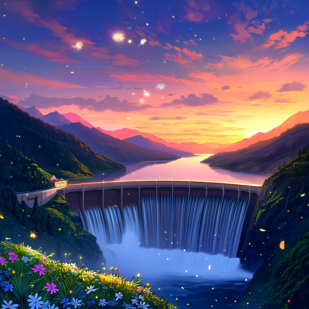 山川间，水坝，8k， 色彩缤纷, 幻想神奇, 快乐, 萤火虫(4张)