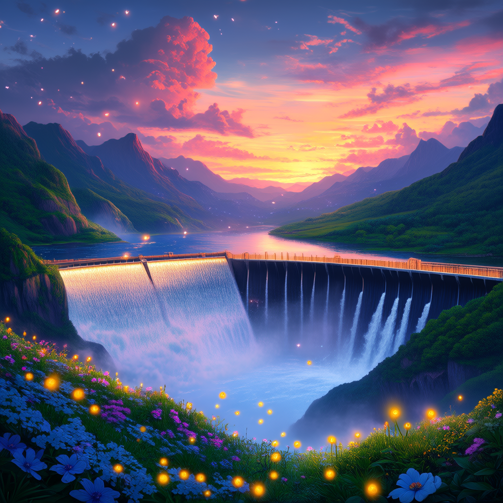 山川间，水坝，8k， 色彩缤纷, 幻想神奇, 快乐, 萤火虫(4张)