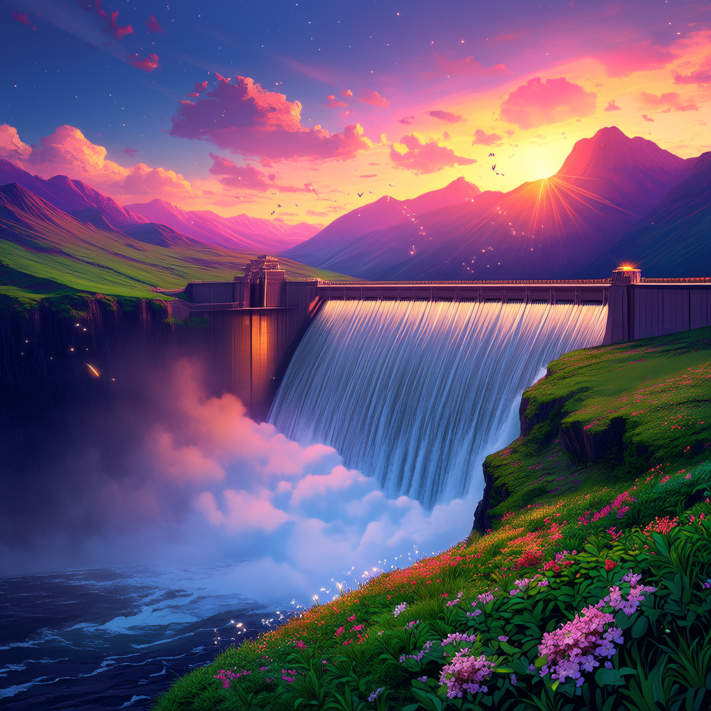 山川间，水坝，8k， 色彩缤纷, 幻想神奇, 快乐, 萤火虫(4张)