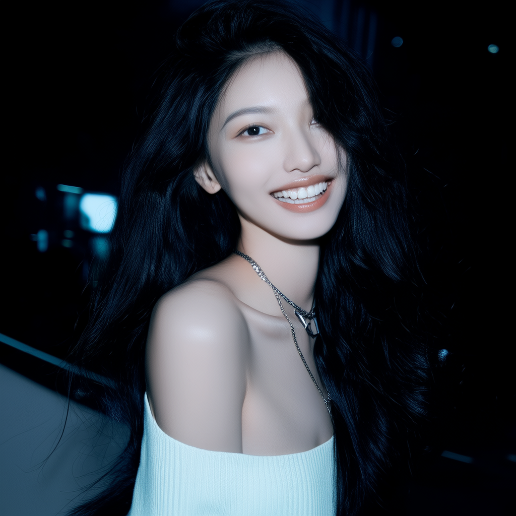 最佳质量，高细节，超高分辨率，真实的皮肤质感，原始照片，高度写实，夜晚，昏暗中，深阴影，低调，冷光，一个东方女孩，精致的五官，开口笑，洁白的牙，细链饰，浅色毛衣，美胸，火辣身材，头发又长又多，蓬松大波(4张)