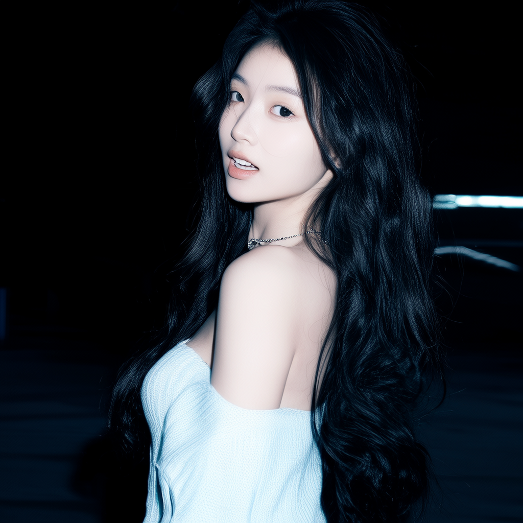 最佳质量，高细节，超高分辨率，真实的皮肤质感，原始照片，高度写实，夜晚，昏暗中，深阴影，低调，冷光，一个东方女孩，精致的五官，开口笑，洁白的牙，细链饰，浅色毛衣，美胸，火辣身材，头发又长又多，蓬松大波(4张)