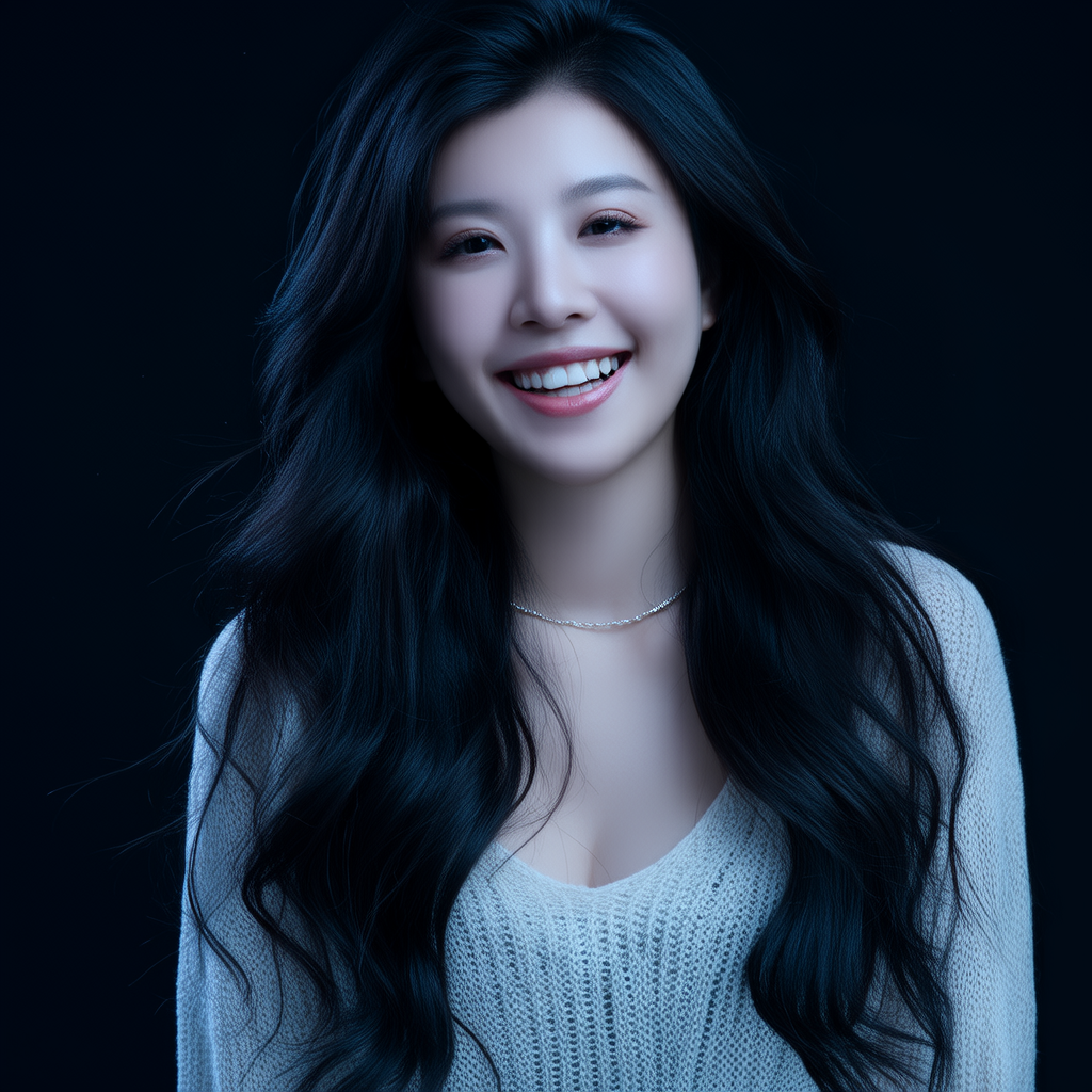 最佳质量，高细节，超高分辨率，真实的皮肤质感，原始照片，高度写实，夜晚，昏暗中，深阴影，低调，冷光，一个东方女孩，精致的五官，开口笑，洁白的牙，细链饰，浅色毛衣，美胸，火辣身材，头发又长又多，蓬松大波(4张)