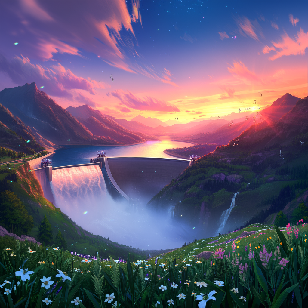 山川间，水坝，8k， 色彩缤纷, 幻想神奇, 快乐, 萤火虫(4张)