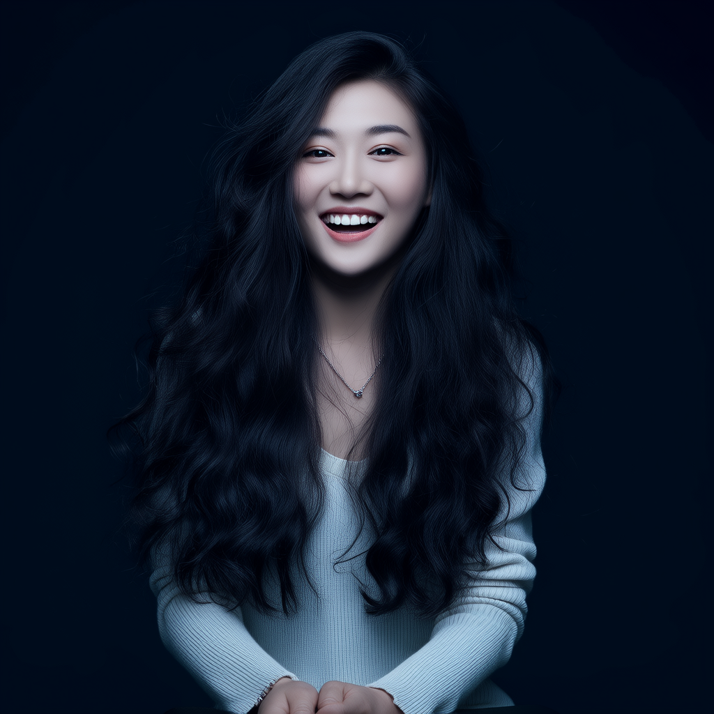 最佳质量，高细节，超高分辨率，真实的皮肤质感，原始照片，高度写实，夜晚，昏暗中，深阴影，低调，冷光，一个东方女孩，精致的五官，开口笑，洁白的牙，细链饰，浅色毛衣，美胸，火辣身材，头发又长又多，蓬松大波(4张)