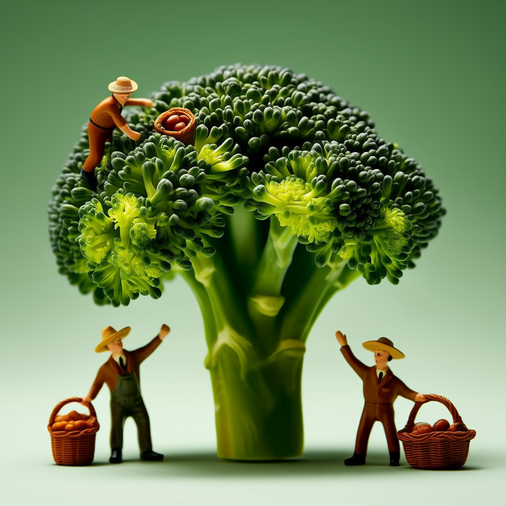 三个小农民，采摘一个巨大的西兰花，明亮的工作室灯光，绿色背景，极简主义，微型食品摄影(4张)