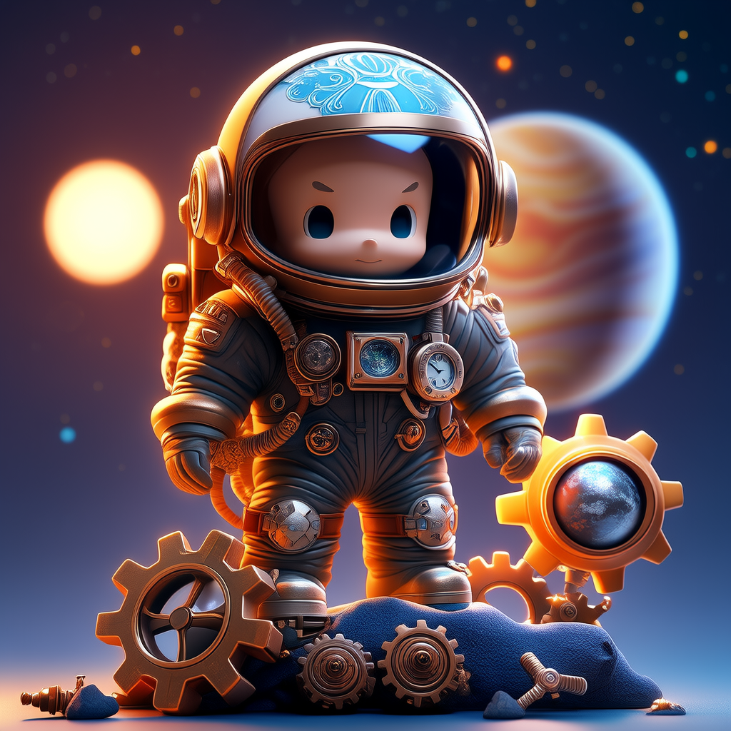 一张引人入胜的3D场景海报，主要主题是卡通3D设计：，配有复古配饰，细节带有庸俗细节，宇宙背景，天空中的太阳，散景，工业艺术，4K，电影，精致，深刻的美学，先进的电影完美光照，辐射，艺术(4张)