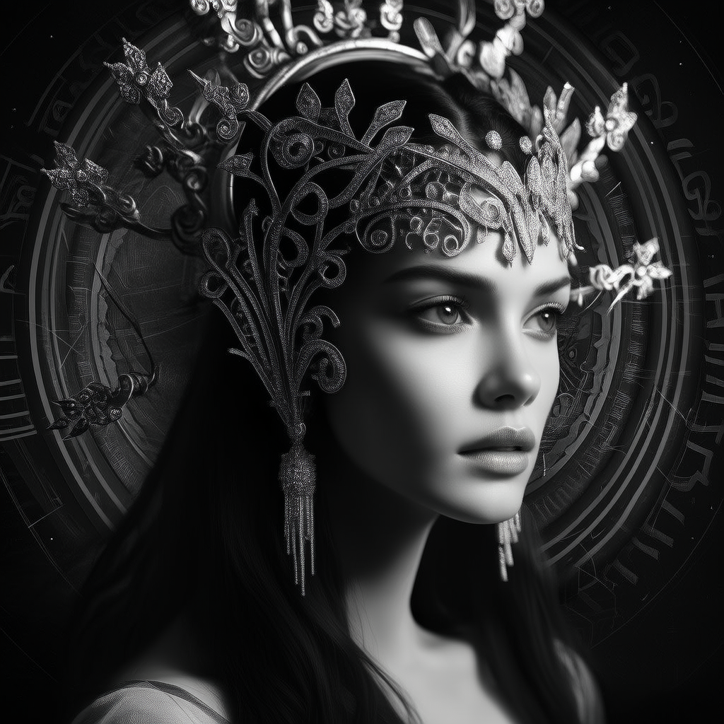 一个戴着精致头饰的女人的黑白图像，具有本尼迪克·巴纳、技术萨满教、夜芯、jakub schikander、漩涡漩涡、卡斯滕·迈耶迪尔克斯、bloomcore的风格(3张)
