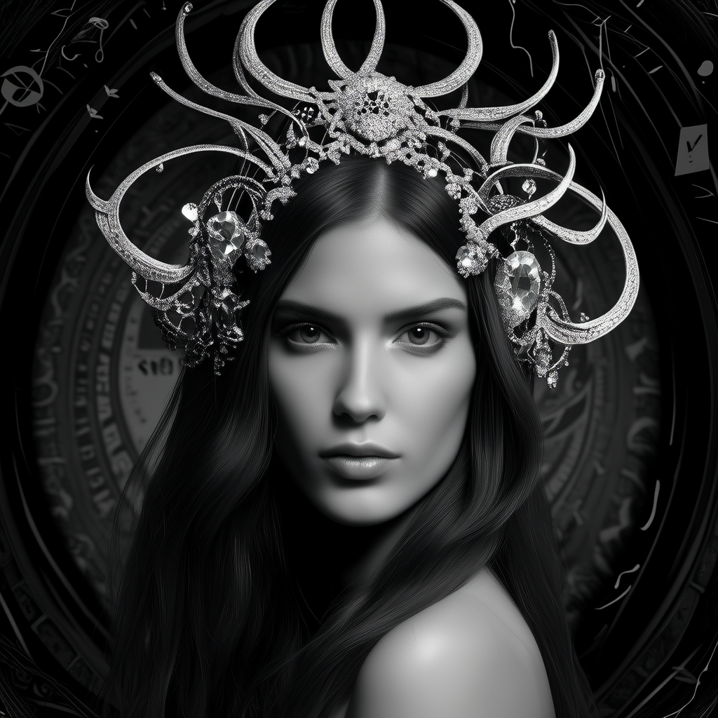 一个戴着精致头饰的女人的黑白图像，具有本尼迪克·巴纳、技术萨满教、夜芯、jakub schikander、漩涡漩涡、卡斯滕·迈耶迪尔克斯、bloomcore的风格(3张)
