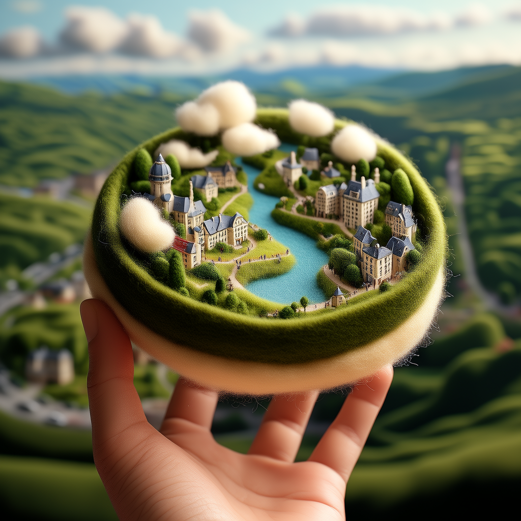 这是一个有趣的微缩毛毡风格Lora模型，适合 手工艺爱好者、独特礼品寻找者、生活美学追求者，以超细腻的羊毛为画布，用无比精细的手法，将一个个微型世界缝制于掌心。无论是迷人的自然风景，还是精致的城市建筑(4张)