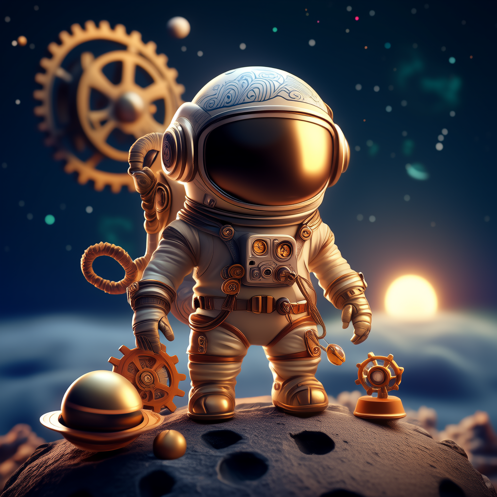 一张引人入胜的3D场景海报，主要主题是卡通3D设计：，配有复古配饰，细节带有庸俗细节，宇宙背景，天空中的太阳，散景，工业艺术，4K，电影，精致，深刻的美学，先进的电影完美光照，辐射，艺术(4张)