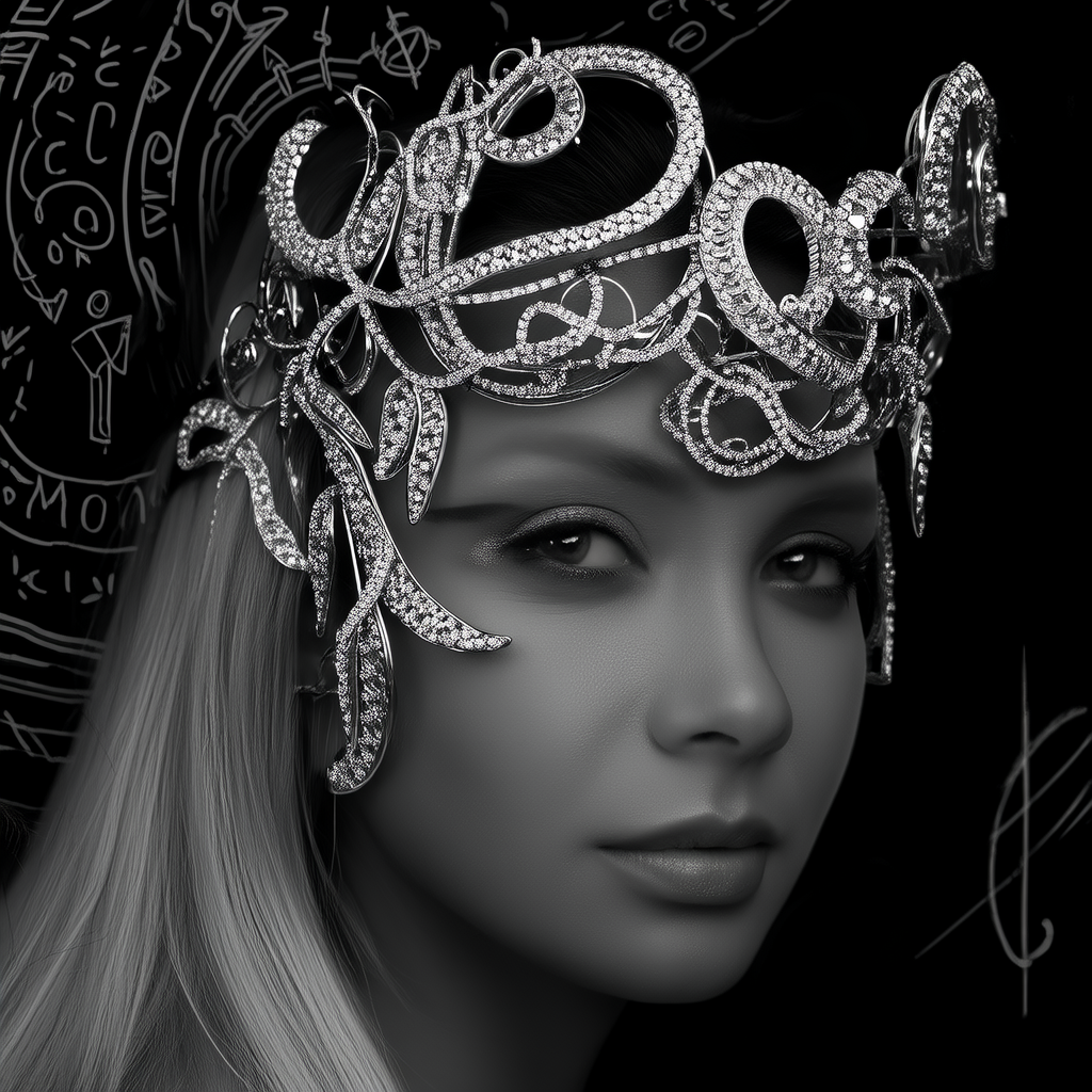 一个戴着精致头饰的女人的黑白图像，具有本尼迪克·巴纳、技术萨满教、夜芯、jakub schikander、漩涡漩涡、卡斯滕·迈耶迪尔克斯、bloomcore的风格(3张)