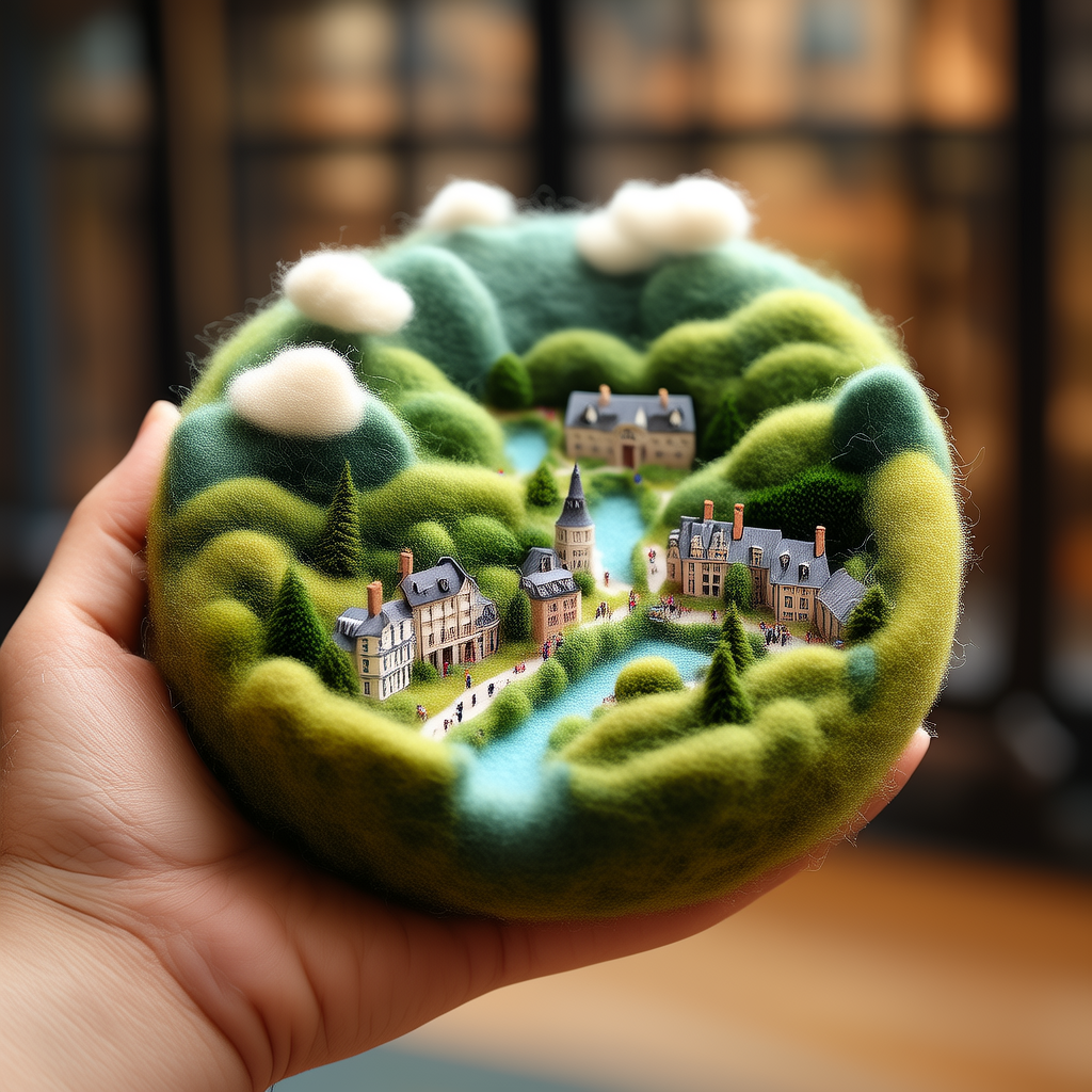 这是一个有趣的微缩毛毡风格Lora模型，适合 手工艺爱好者、独特礼品寻找者、生活美学追求者，以超细腻的羊毛为画布，用无比精细的手法，将一个个微型世界缝制于掌心。无论是迷人的自然风景，还是精致的城市建筑(4张)