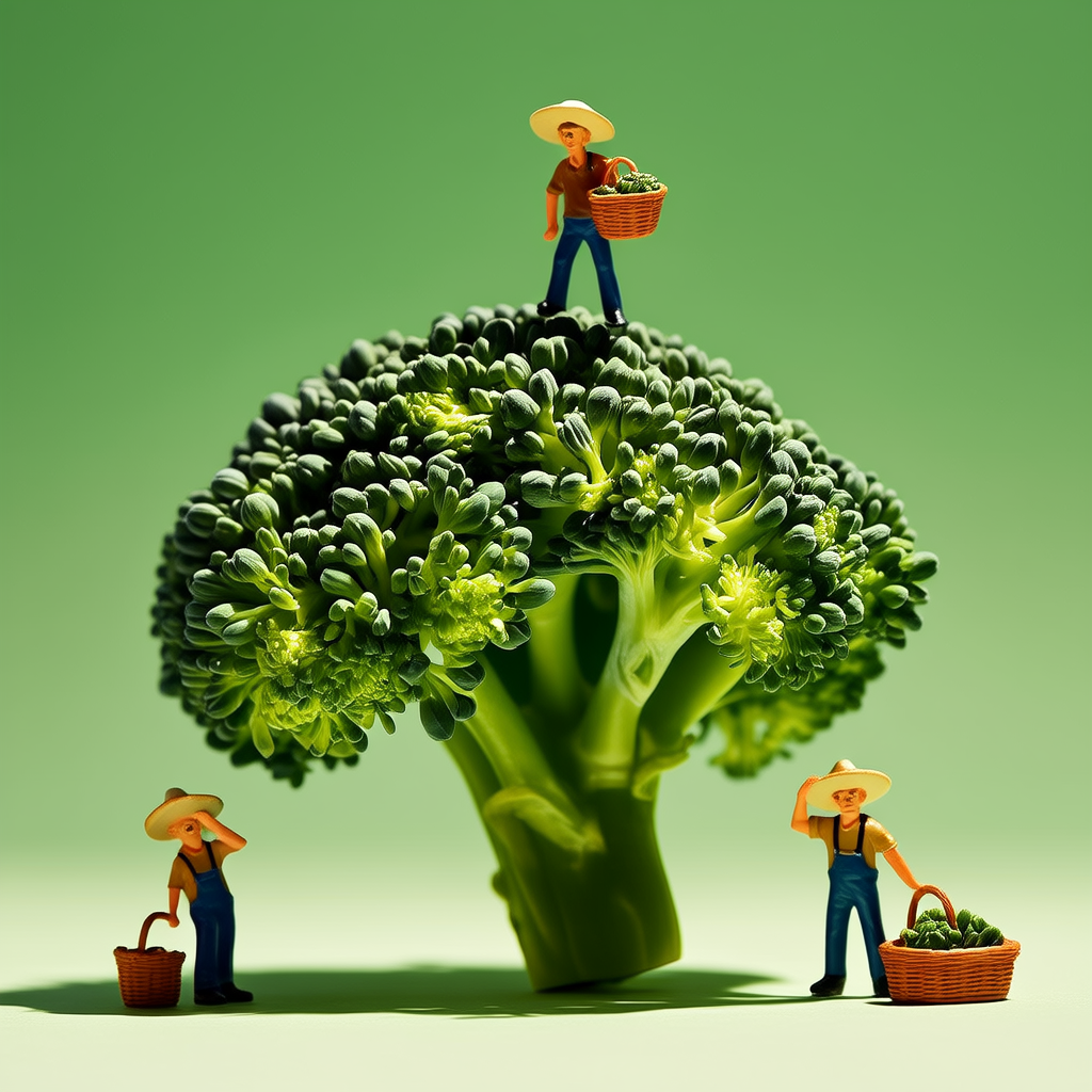 三个小农民，采摘一个巨大的西兰花，明亮的工作室灯光，绿色背景，极简主义，微型食品摄影(4张)