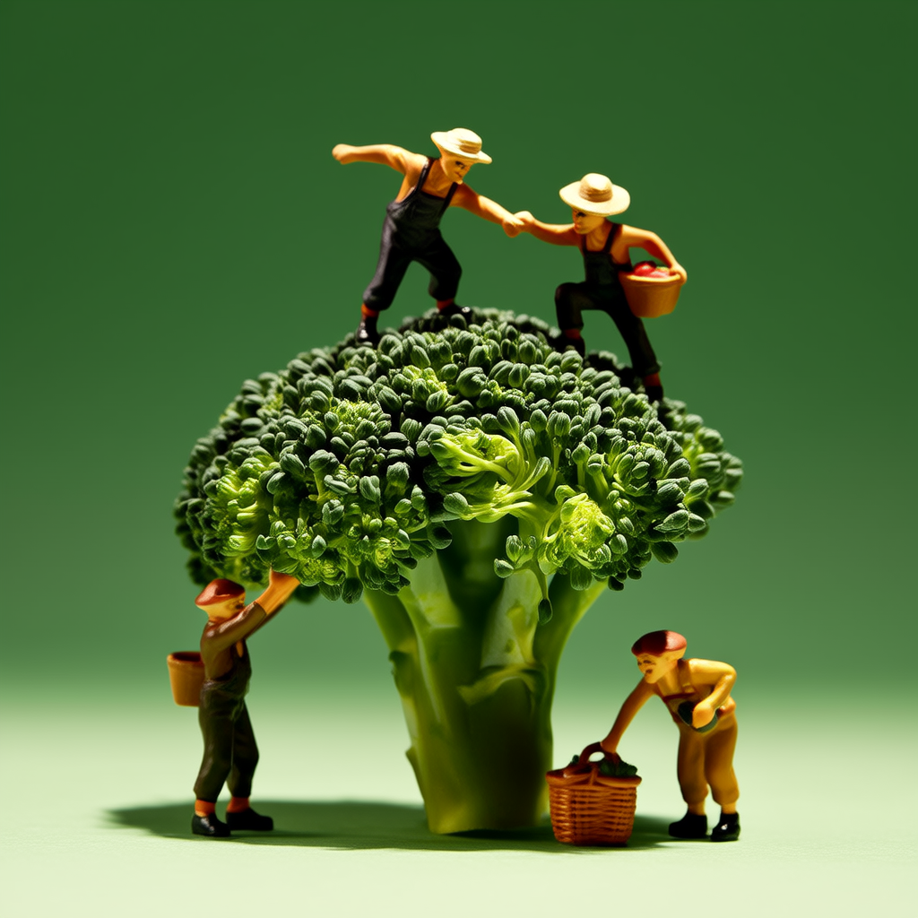 三个小农民，采摘一个巨大的西兰花，明亮的工作室灯光，绿色背景，极简主义，微型食品摄影(4张)