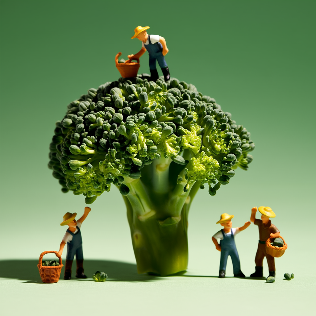 三个小农民，采摘一个巨大的西兰花，明亮的工作室灯光，绿色背景，极简主义，微型食品摄影(4张)