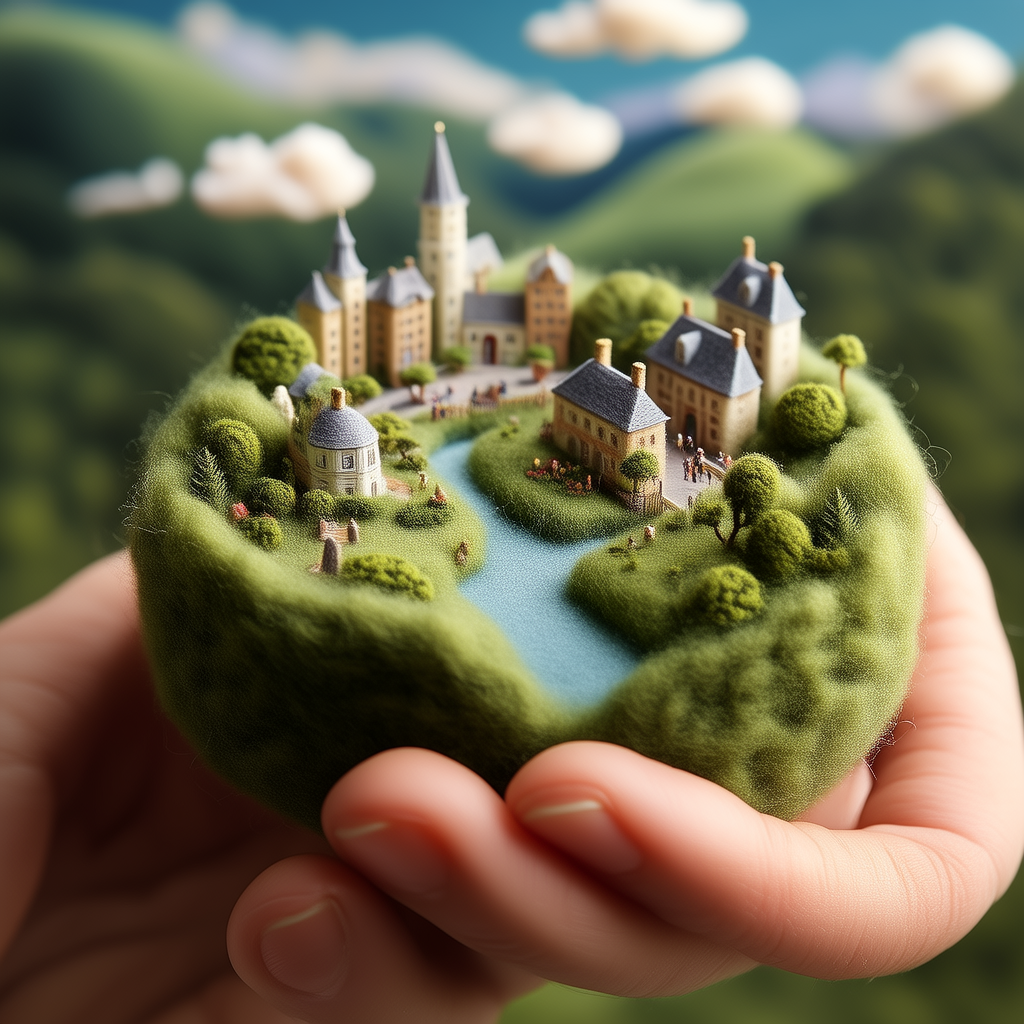 这是一个有趣的微缩毛毡风格Lora模型，适合 手工艺爱好者、独特礼品寻找者、生活美学追求者，以超细腻的羊毛为画布，用无比精细的手法，将一个个微型世界缝制于掌心。无论是迷人的自然风景，还是精致的城市建筑(4张)