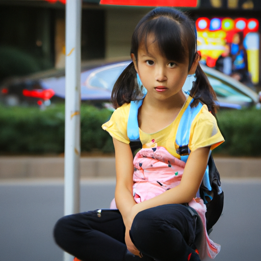 一个小女孩，坐在马路上，长头发，大眼睛双眼皮