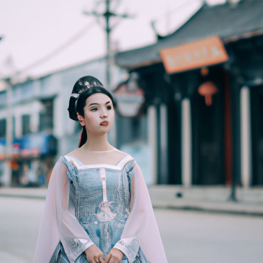 一个中国女孩，穿着汉服，站在街边