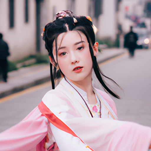一个中国女孩，穿着汉服，站在街边